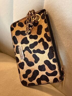 Leopard Print Zip Wallet with Gold Chain (Genuine Calf Hair and Leather)